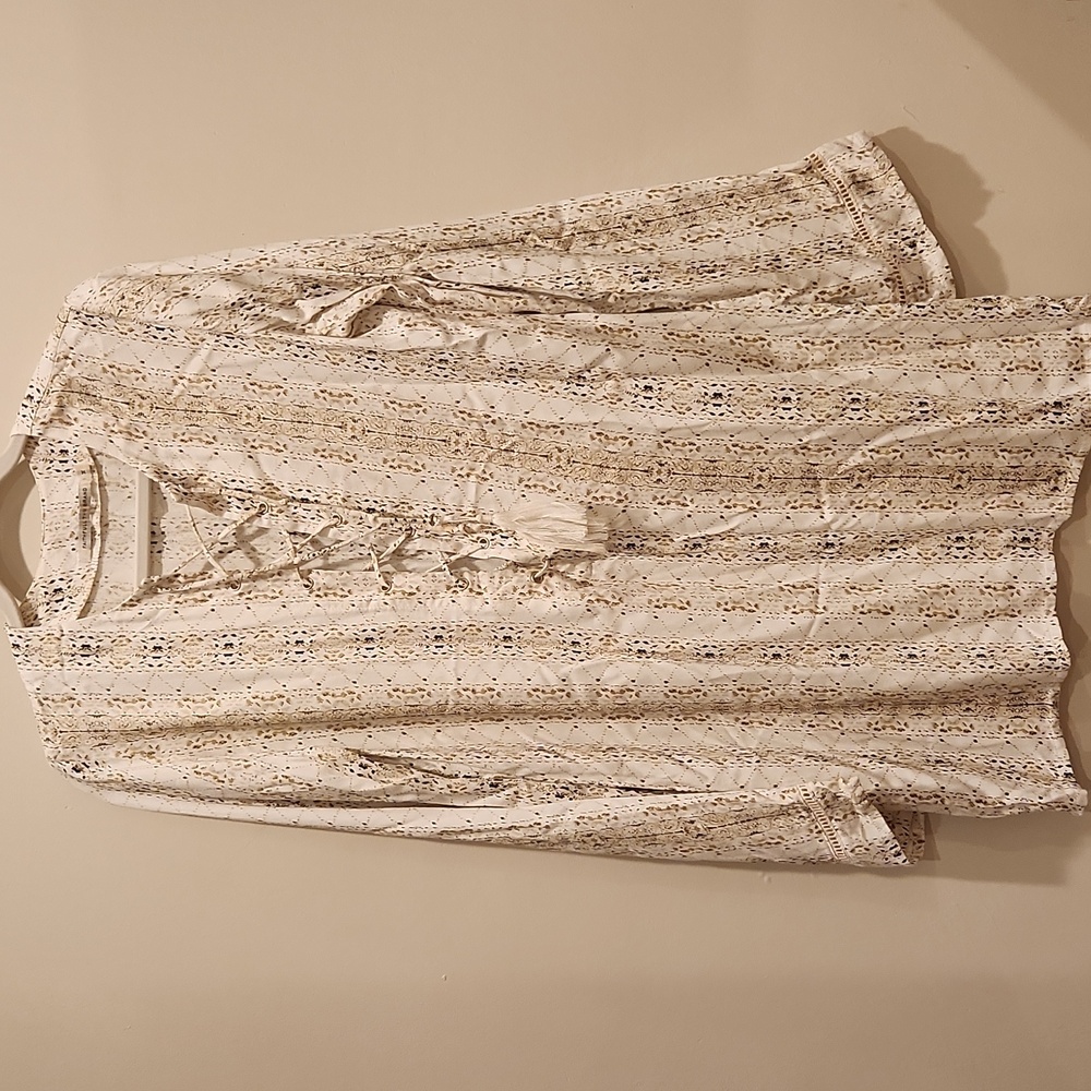 Faithfull the Brand Cream and Tan Patterned Tunic Mini Dress